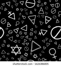 Spiritual texture, seamless pattern on a fantasy old manuscript. Letters with occult alchemical runes and symbols. Repetition of the gothic vector. Hand drawn elements.