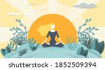 Spiritual therapy for body and mind with harmony yoga vector illustration. Wellness and health in nature. Mentally calm girl on the background of the sun. Balance and serenity of mind and body