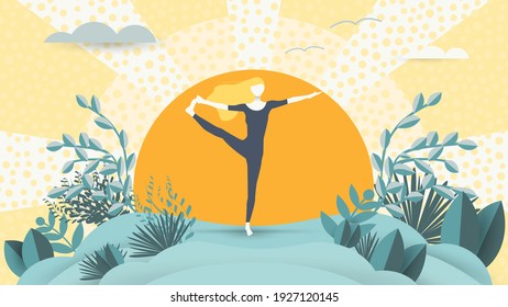 Spiritual therapy for body and mind with harmony yoga vector illustration. Wellness and health in nature. Mentally calm girl on the background of the sun. Balance and serenity of mind and body