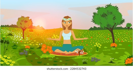 Spiritual therapy for body and mind with harmony yoga vector illustration. Wellness and health in nature. Mentally calm girl on the background of the sun. Balance and serenity of mind and body