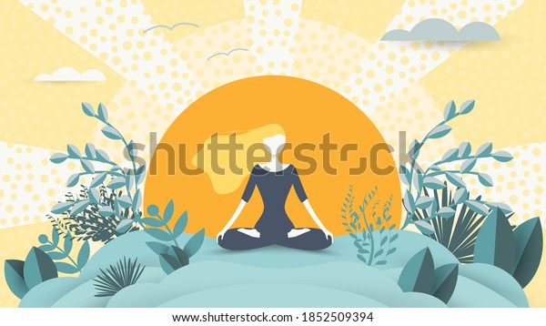 Spiritual therapy for body and mind with harmony\
yoga vector illustration. Wellness and health in nature. Mentally\
calm girl on the background of the sun. Balance and serenity of\
mind and body