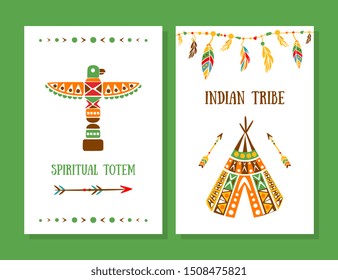 Spiritual Totem, Indian Tribe Cards Collection, Boho Style Template Can be Used for Banner, Flyer, Placard Vector Illustration