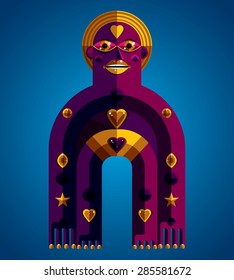 Spiritual totem vector illustration, meditation theme drawing. Anthropomorphic character, mystic idol isolated on decorative background.