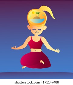Spiritual trip: meditating girl let her imagination wander in a flight of fancy