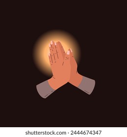 Spiritual vector illustration of hands in prayer against a luminous backdrop, symbolizing hope, faith, and devotion in moments of reflection.