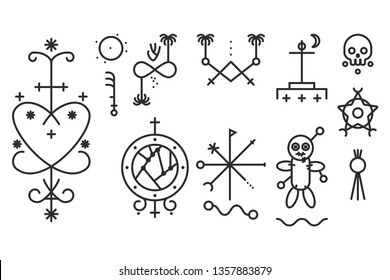Spiritual voodoo symbol vector linear icons set isolated on a white background.