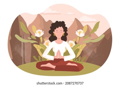 Spiritual wellness concept. Girl sits in nature in lotus position. Persoange recuperates in park, relax, rest. Meditation, yoga, sports, fitness and stretching. Cartoon flat vector illustration