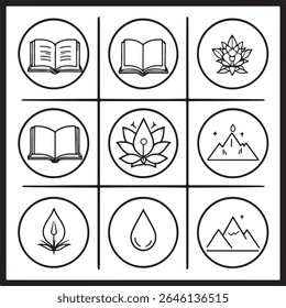 Spiritual Wellness Icons Vector | Book Lotus Mountain Water Drop  Line Art