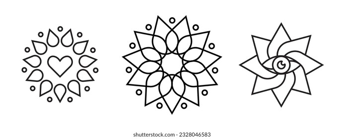 Spiritual wellness zen round lotus petals icon set collection. Vector circular ethnic motif leaf kaleidoscope symbol. Natural flower geometrical sign with heart and eye