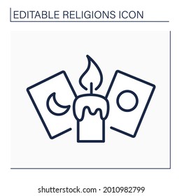 Spiritualism line icon.Candle and cards for spiritualistic session. Belief that spirits of dead exist. Afterlife. Religion concept. Isolated vector illustration. Editable stroke