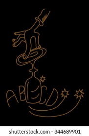 Spiritualistic seance - hand laid gently on an overturned glass, which moves on the pad with letters - simple vector graphic - gold line on black background