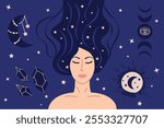 Spirituality and astrology concept. Happy woman with stars in her hair. Vector illustration of astrological elements for enlightenment, spirituality, consciousness, aura, meditation, mindfulness.