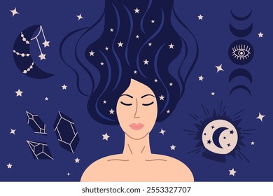 Espiritualidade e astrologia. Mulher feliz com estrelas no cabelo. Ilustração vetorial de elementos astrológicos para iluminação, espiritualidade, consciência, aura, meditação, atenção plena.