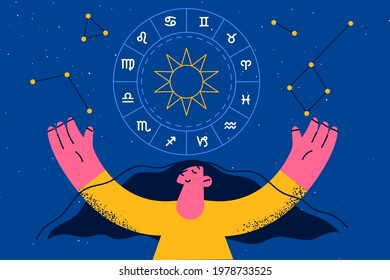 Spirituality and astrology symbols concept. Smiling woman cartoon character raising hands looking at night sky with astrological wheel projection vector illustration