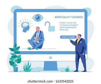 Spirituality Courses to Englihtement and Awereness. Teacher in Big Screen Sits in Lotus Position around him Icons about what his Online Lessons Offers. Man Outside Interested in New Information.