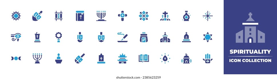 Spirituality icon collection. Duotone color. Vector and transparent illustration. Containing spiritual wellness, holy, eye of ra, star of david, wicca, hamsa, mandala, menorah, aromatherapy, dreidel.