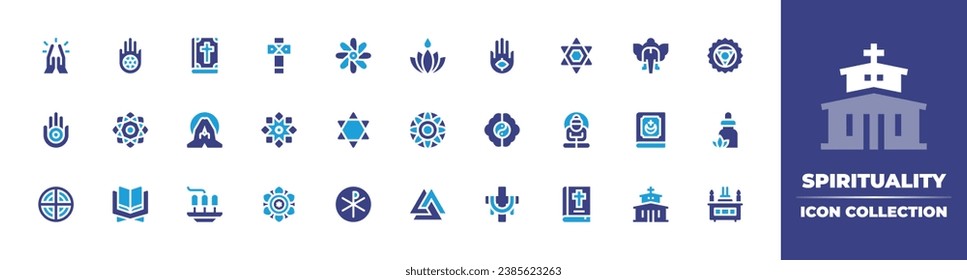 Spirituality icon collection. Duotone color. Vector and transparent illustration. Containing praying, ayyavazhi, jainism, mandala, isese, valknut, quran, bach flowers, vishuddha, crucifixion.