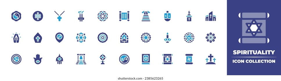 Spirituality icon collection. Duotone color. Vector and transparent illustration. Containing mandala, church, host, calvary, endless knot, heaven, pope, anahata, hamsa, quran, incense, pastor, chakra.