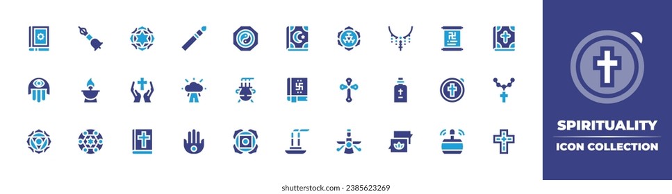 Spirituality icon collection. Duotone color. Vector and transparent illustration. Containing candle, rosary, celestial, holy water, hamsa, chat, tibetan, koran, bible, vedas, quran, yin yang.