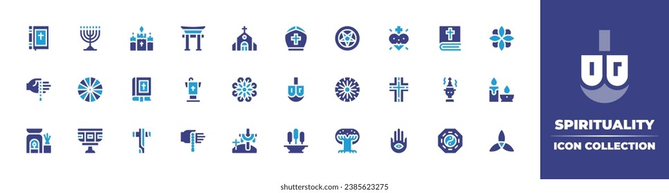 Spirituality icon collection. Duotone color. Vector and transparent illustration. Containing church, mandala, candles, cross, holy trinity, menorah, occult arts, dharma wheel, baptism, tree of life.