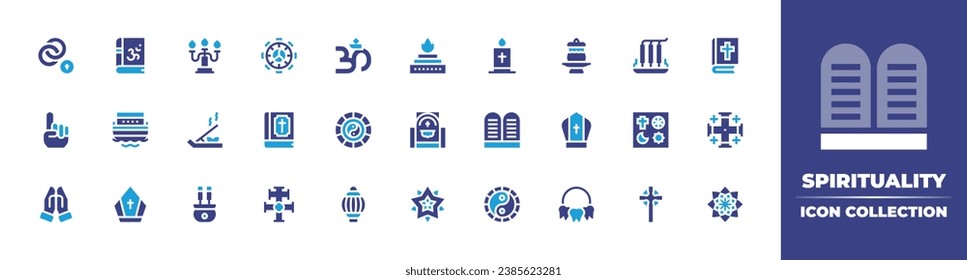 Spirituality icon collection. Duotone color. Vector and transparent illustration. Containing hinduism, yajna, bible, commitment, noahs ark, holy water, cross, tawhid, pope crown, mandala, praying.