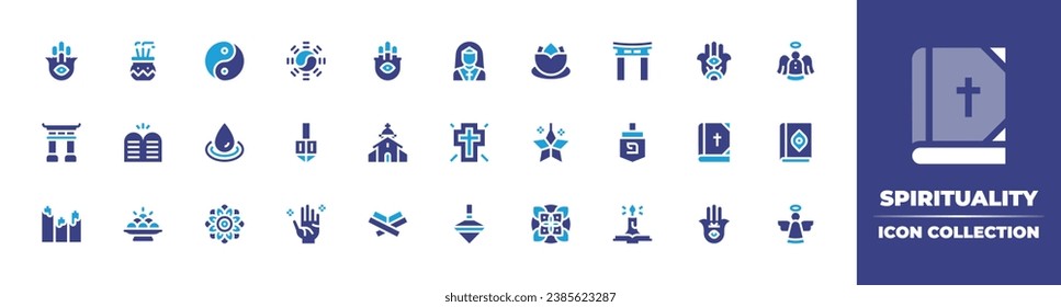 Spirituality icon collection. Duotone color. Vector and transparent illustration. Containing yin yang, lotus flower, water drop, star, mandala, incense, nun, angel, ten commandments, cross, quran.