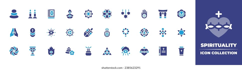 Spirituality icon collection. Duotone color. Vector and transparent illustration. Containing stones, mandala, pray, hamsa, hetanism, pythagoreanism, anahata, svadhishthana, dreidel, star of david.