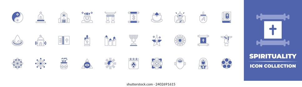 Spirituality icon collection. Duotone style line stroke and bold. Vector illustration. Containing yin yang, lotus flower, water drop, star, mandala, synagogue, spinning top, bible, scroll, incense.