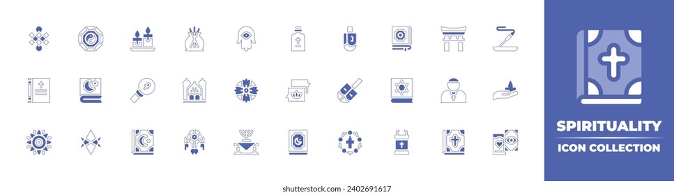 Spirituality icon collection. Duotone style line stroke and bold. Vector illustration. Containing hamsa, mandala, menorah, holy water, chat, quran, candle, torii, ankh, pastor, incense, endless knot.