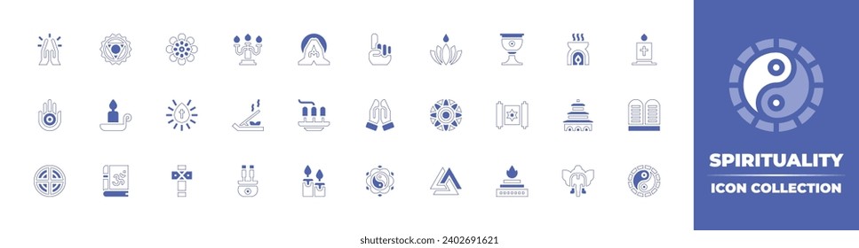 Spirituality icon collection. Duotone style line stroke and bold. Vector illustration. Containing praying, ayyavazhi, jainism, mandala, isese, valknut, holy water, crucifixion, vishuddha, goblet.