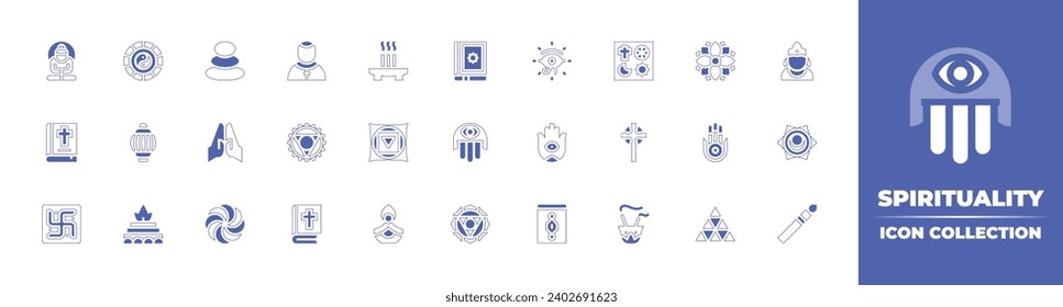 Spirituality icon collection. Duotone style line stroke and bold. Vector illustration. Containing stones, mandala, pray, hamsa, hetanism, pythagoreanism, priest, krishna, vishuddha, svadhishthana.