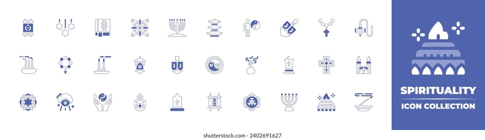 Spirituality icon collection. Duotone style line stroke and bold. Vector illustration. Containing menorah, dreidel, candle, hamsa, yajna, pagoda, star of david, spinning top, yin yang, rosary.