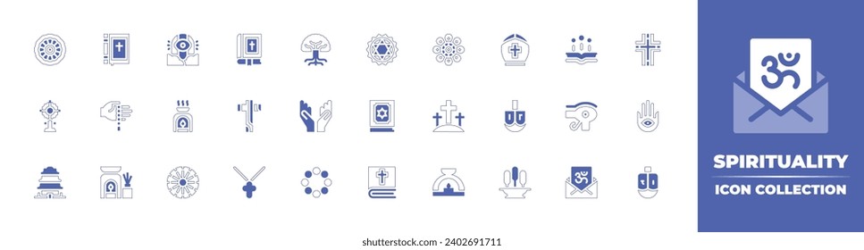 Colección de iconos de espiritualidad. Curso de línea de estilo duotónico y negrita. Ilustración vectorial. Conteniendo árbol de la vida, rezando, abalorios, mandala, anfitrión, calvario, pagoda, incienso, anahata, quran, biblia, cruz.