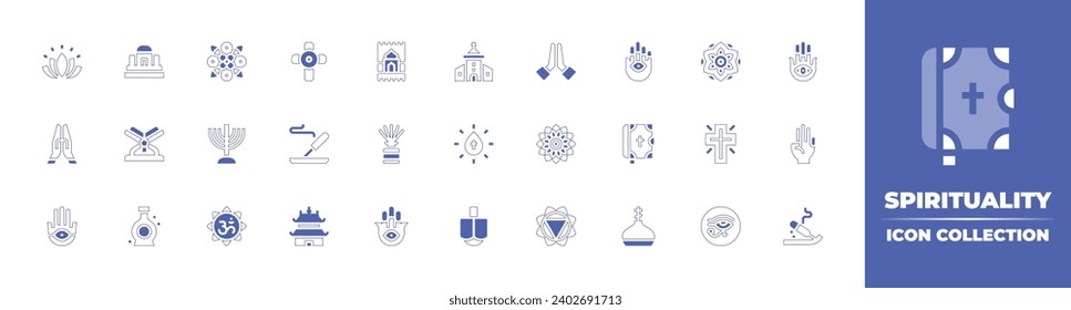 Spirituality icon collection. Duotone style line stroke and bold. Vector illustration. Containing spiritual, pray, praying, mandala, hamsa, manipura, menorah, cross, ohm, horus eye, temple, quran.