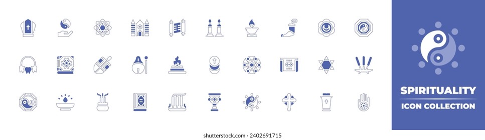 Spirituality icon collection. Duotone style line stroke and bold. Vector illustration. Containing anahata, svadhishthana, dreidel, star of david, incense stick, lectern, holy water, cross, synagogue.