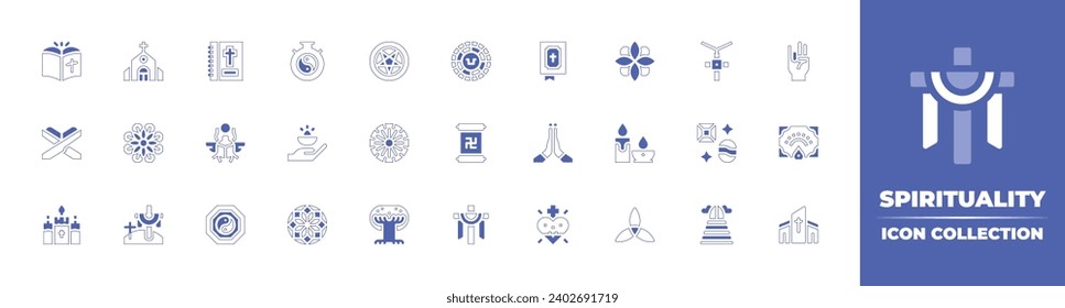 Spirituality icon collection. Duotone style line stroke and bold. Vector illustration. Containing church, mandala, candles, cross, holy trinity, occult arts, dharma wheel, tree of life, heaven, bible.