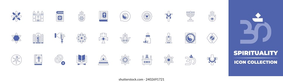 Spirituality icon collection. Duotone style line stroke and bold. Vector illustration. Containing jainism, mandala, quran, yajna, bach flowers, vishuddha, star of david, essential oil, chi rho.