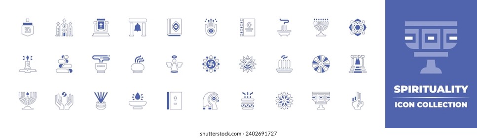 Spirituality icon collection. Duotone style line stroke and bold. Vector illustration. Containing hamsa, mandala, ra, energy, sermon, menorah, tea, dharma wheel, karma, baptism, incense, quran, angel.