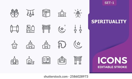 Spirituality icon set. Contains related to peace, catholic, prayer, pray, cross, faith, quran and more. Outline icon collection. Modern vector illustration.