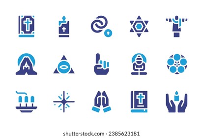 Spirituality icon set. Duotone color. Vector illustration. Containing holy, candle, commitment, tawhid, praying, bible, star of david, namaste, buddha, incense burner, prayer, caodaism, tenrikyo.