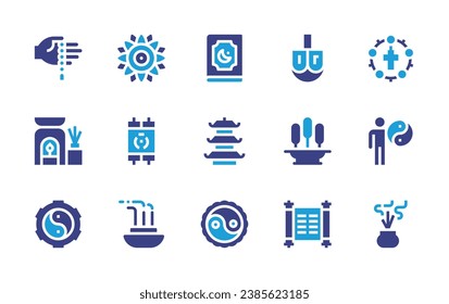 Spirituality icon set. Duotone color. Vector illustration. Containing quran, pagoda, yin yang, mandala, rosary, torah, religion, japa mala, dreidel, incense burner, incense, incenses sticks.