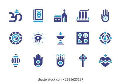 Spirituality icon set. Duotone color. Vector illustration. Containing hamsa, quran, jainism, eye of ra, alchemy, sacred heart, om, incense, yin yang, oratory, church, vajra, presbyterian cross, butter