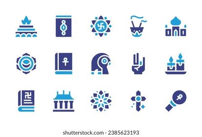 Spirituality icon set. Duotone color. Vector illustration. Containing mandala, ra, quran, mosque, ankh, candle, temple, yajna, incense burner, svadhisthana, om, scripture, cross.