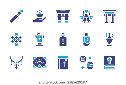 Spirituality icon set. Duotone color. Vector illustration. Containing temple, bible, candle, rosary, lectern, incense, holy water, torii gate, endless knot, dreidel, offering, ouija, beetle, gems.