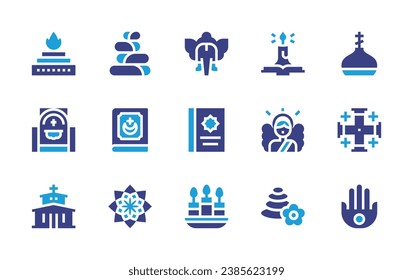 Spirituality icon set. Duotone color. Vector illustration. Containing quran, church, yajna, angel, holy water, cross, mandala, hamsa, ganesha, balance, candles, stones, candle.