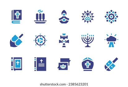 Spirituality icon set. Duotone color. Vector illustration. Containing dreidel, menorah, mandala, bible, caravaca cross, celestial, chat, candle, buddhism, holy bible, spinning top, pope, incense.