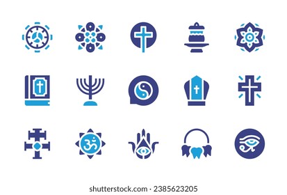 Spirituality icon set. Duotone color. Vector illustration. Containing mandala, menorah, cross, ohm, horus eye, dharma wheel, water bowl, holy scriptures, pope, easter, yin yang, hamsa, caravaca cross.