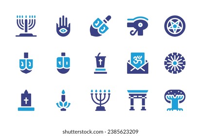 Spirituality icon set. Duotone color. Vector illustration. Containing occult arts, menorah, dharma wheel, dreidel, tree of life, candle, hamsa, spinning top, lectern, eye of ra, hinduism, shinto.