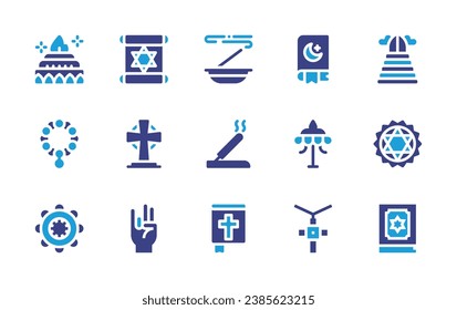 Spirituality icon set. Duotone color. Vector illustration. Containing heaven, yajna, anahata, beads, quran, dharma wheel, incense sticks, incense, torah, bible, parasol, cross, om.