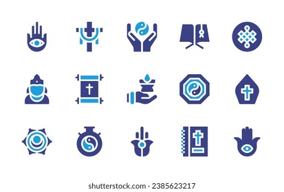 Spirituality icon set. Duotone color. Vector illustration. Containing cross, endless knot, hamsa, pope, krishna, svadhishthana, yin yang, candle, quran, holy bible, scroll, meditation.